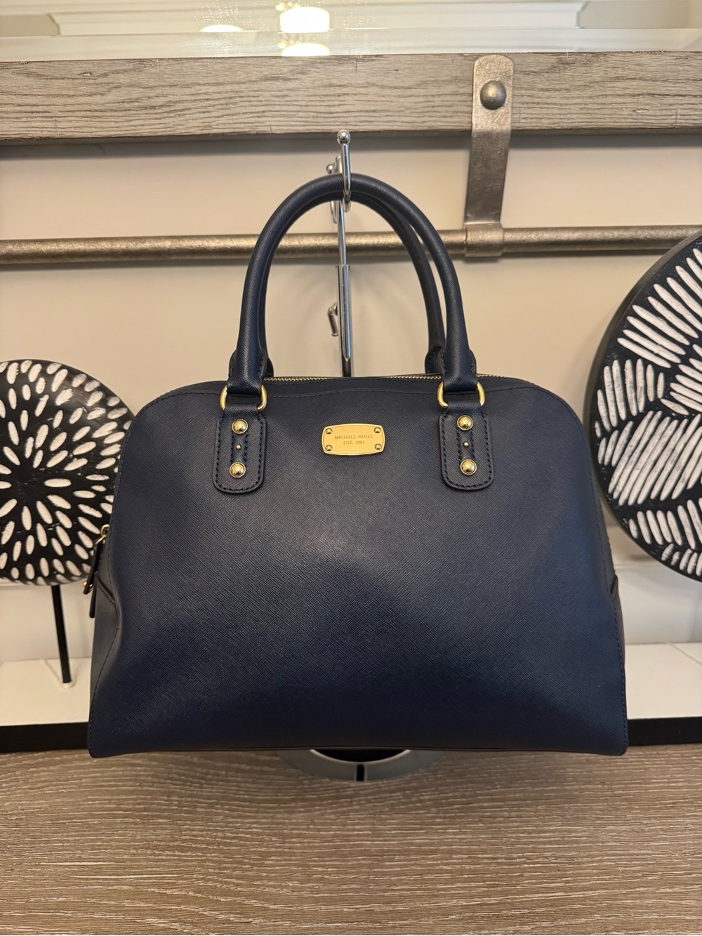 Michael Kors Navy Saffiano Dome Satchel with Gold Hardware. - Picture 2 of 12